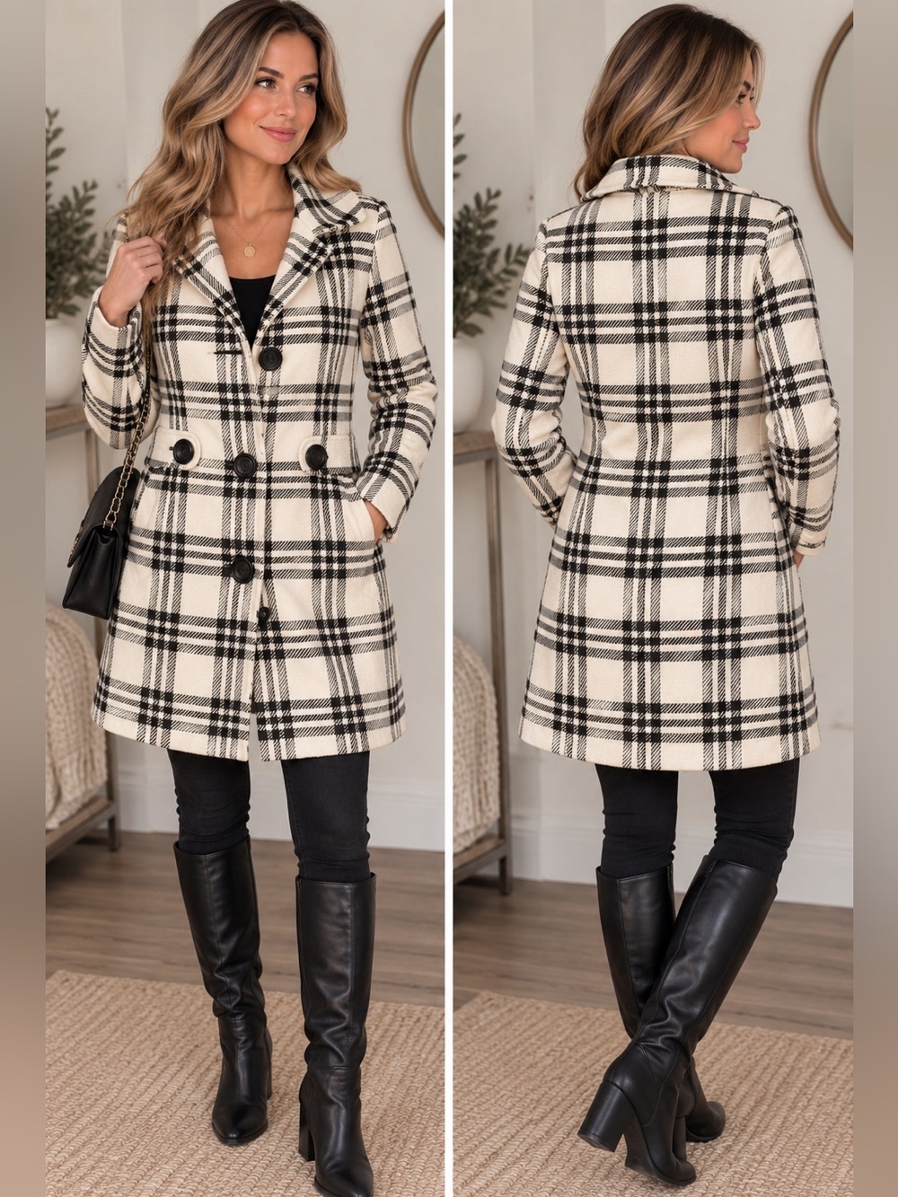 JouJou Black & White Plaid Wool-Blend Coat Jacket Size L